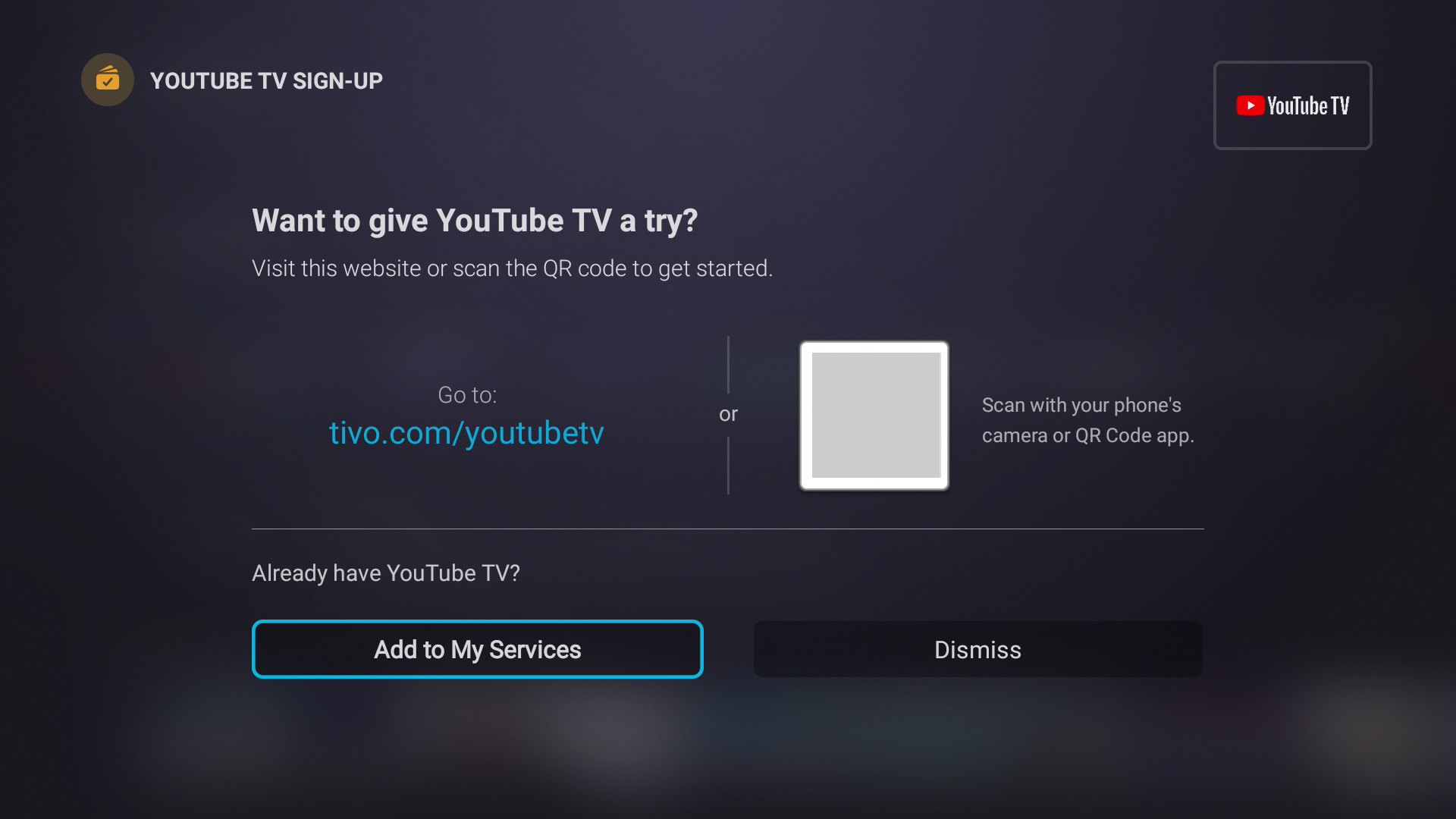 My Services YouTube TV message